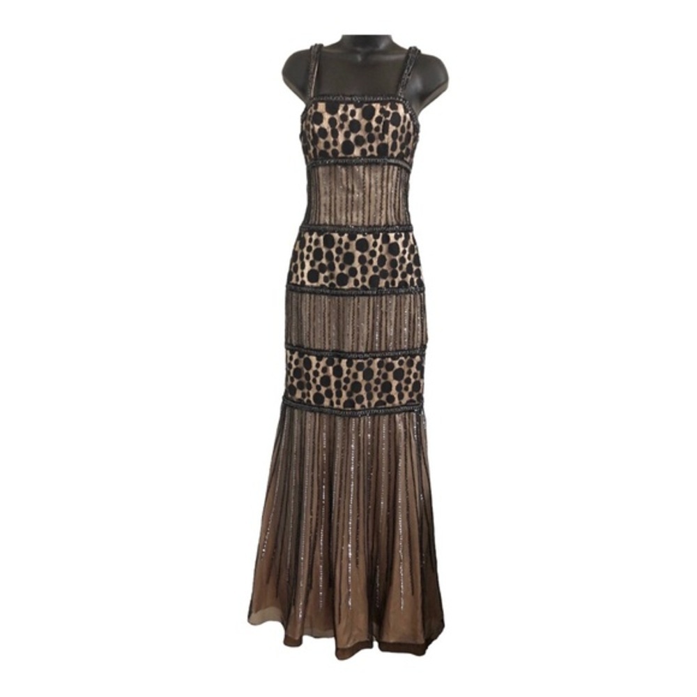 Morrell Maxie Beaded sequin black illusion princess mermaid gown maxi dress